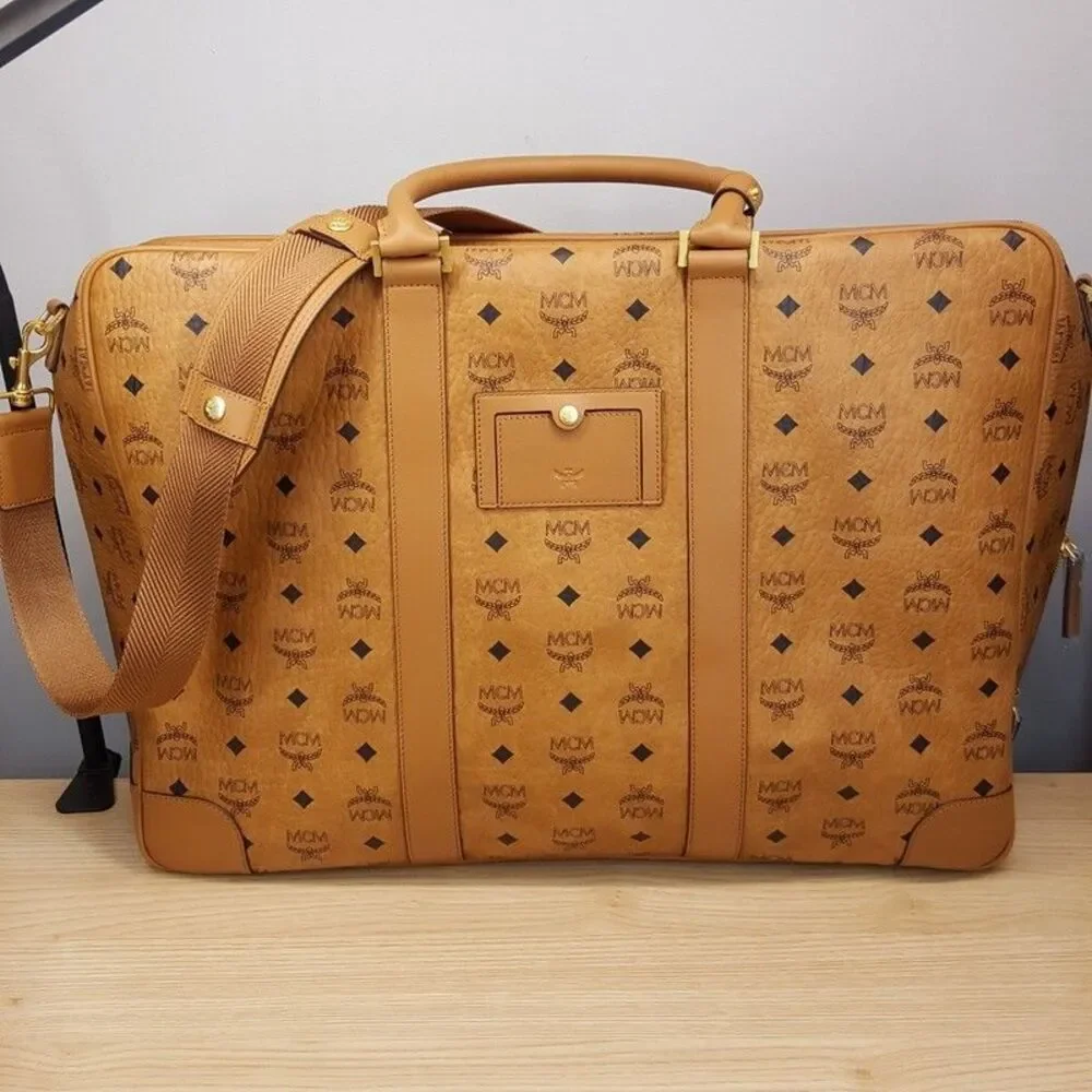 MCM Ottomar Suitcase in Visetos Tan Cognac Leather Weekender Monogram Logo $1390